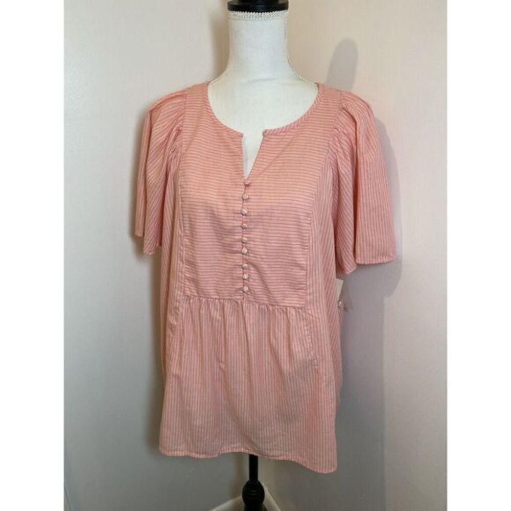 Terra & Sky Pink And White Top Size 0x (14w) NWT Belle Sleeve Tunic Blouse